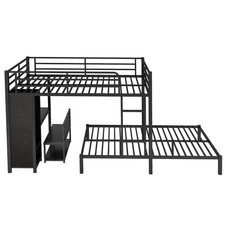 Queen Over Queen Size Bunk Bed Frame With Built In Wardrobe, Metal Bunk Bed With Desk And Storage Chairs, Black
