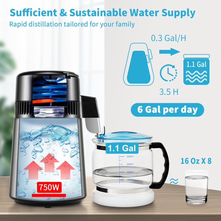 1.1 Gal Water Distiller, 0.3 Gal H, 750W Distilled Water Maker Machine 0 99H Timing Set Temp Display, 304 Stainless Steel Countertop Distiller Glass Carafe Cleaning Powder 3 Carbon Packs, Silver