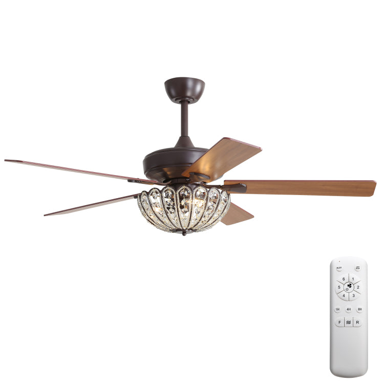 52 Inch Coffee Color With Crystal Light And Remote,With 5 Plywood Blades,Vintage Design,Reversible Dc Motor Bulbs Not Included