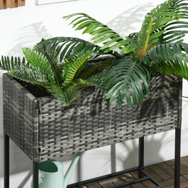 Outsunny Raised Garden Bed, Elevated Planter Box With Rattan Wicker Look, Tool Storage Shelf, Portable Design For Herbs, Vegetables, Flowers, Gray