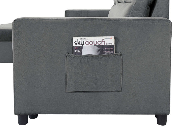 Iride 81.5"W Dark Gray Velvet Reversible Sleeper Sectional Sofa With Storage Chaise And Side Pocket