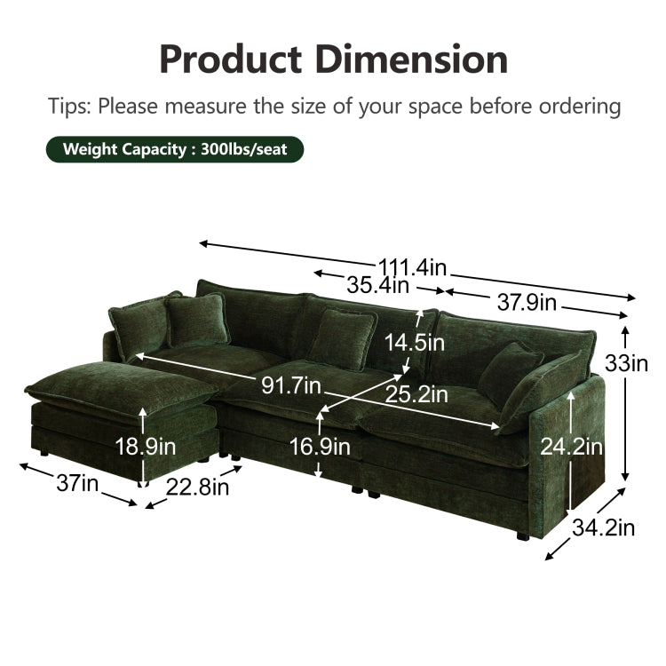 Comfortable Deep Seat Reversible Modular 3 Seater Sectional Super Soft Sofa U Shaped Sectional Couch With 3 Ottomans, 3 Toss Pillows And 2 Arm Pillows