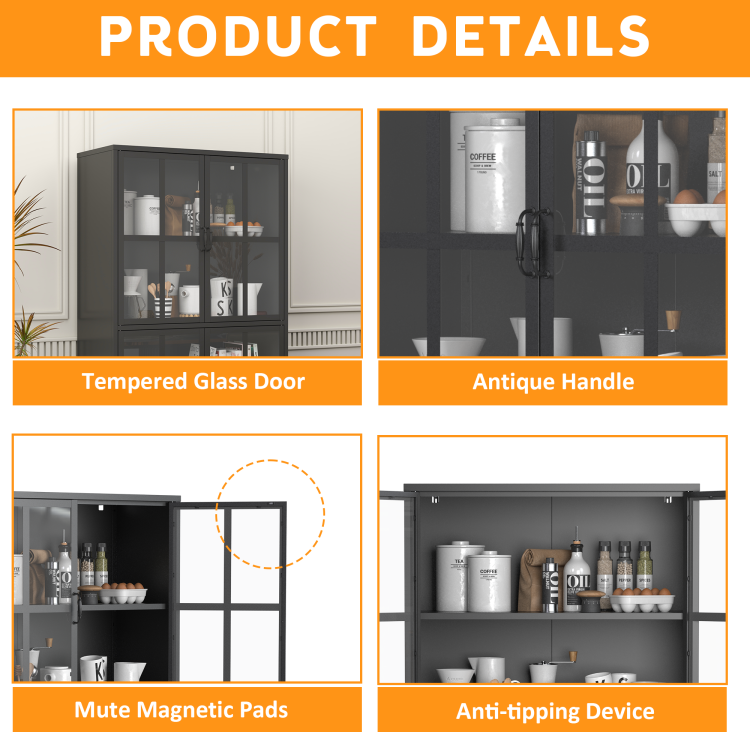 Premium Black Metal Storage Cabinet With Tempered Glass Doors, Adjustable Shelves, Anti Tipping Device, Magnetic Silent Closure, And Adjustable Feet For Home And Office Use