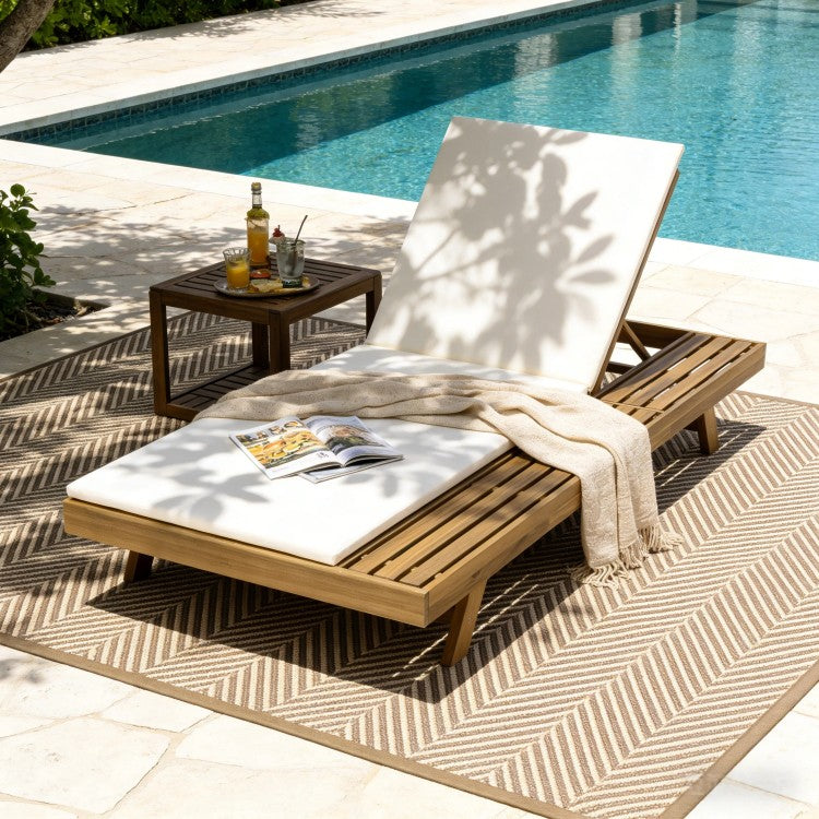 Lounge Chaise Set, Space Available On One Side, Acacia Wood In Light Brown With Water Resistant Lounge Cushions Cream & 2 Inch Thick Matching Dark Grey Leaf Coconut Version Available