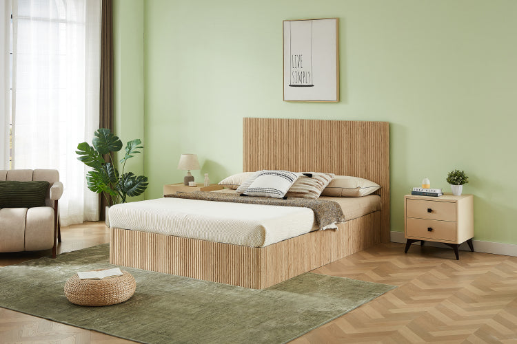 Queen Size Lift Up Storage Bed Frame, Wooden Corrugated Curved Lines, Hydraulic Storage No Box Spring Needed, Oak