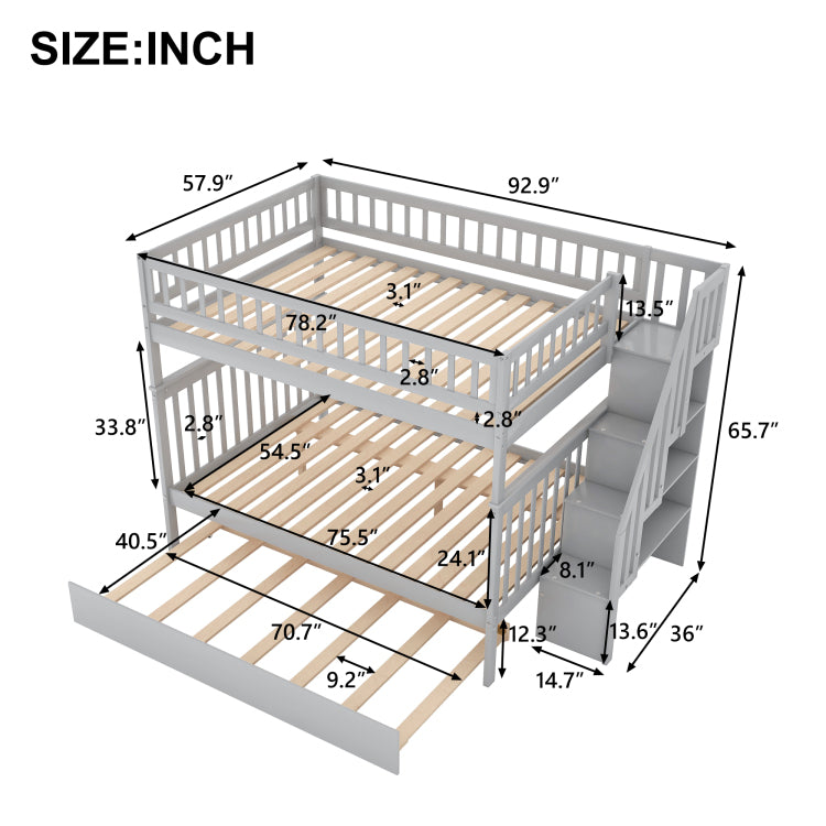 Full Over Full Bunk Bed With Trundle And Staircase,Gray