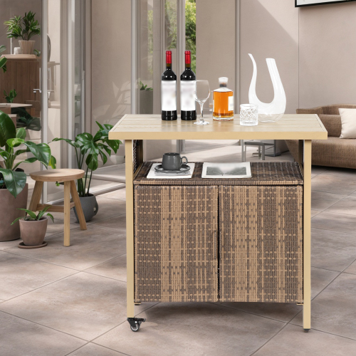 Outdoor Wicker Bar Cart, Patio Wine Serving Cart W Wheels , Rolling Rattan Beverage Bar Counter Table For Porch Backyard Garden Poolside Party, Beige