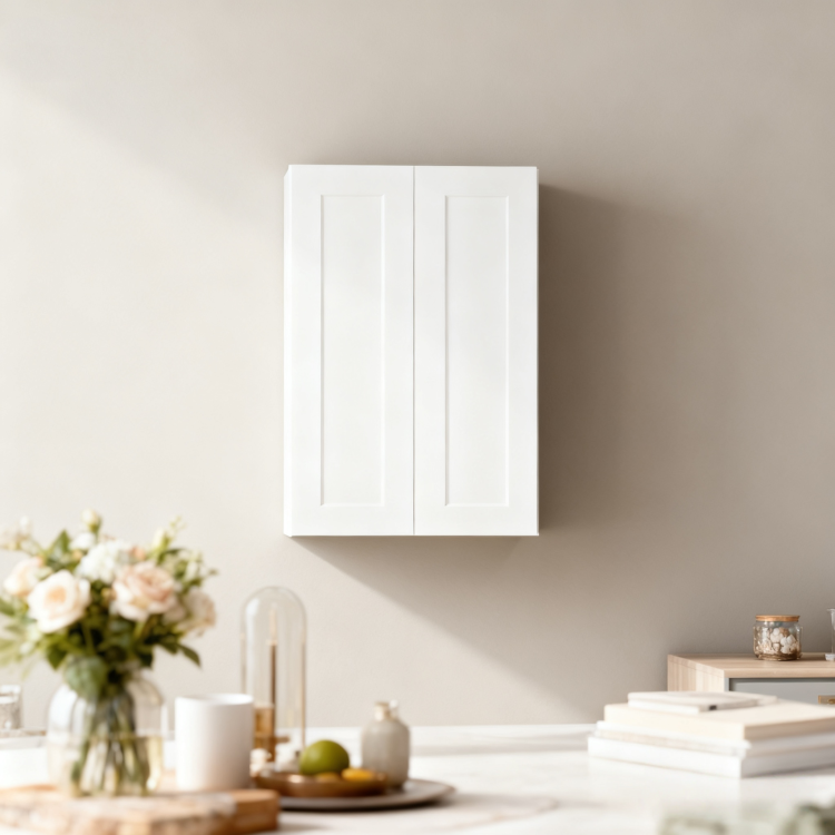 24 Inch White Shaker Double Door Wall Cabinet Solid Wood With 3 Adjustable Shelves Ready To Assemble For Kitchen,Bathroom,Laundry And Garage Storage 24"W 12"D 42"H