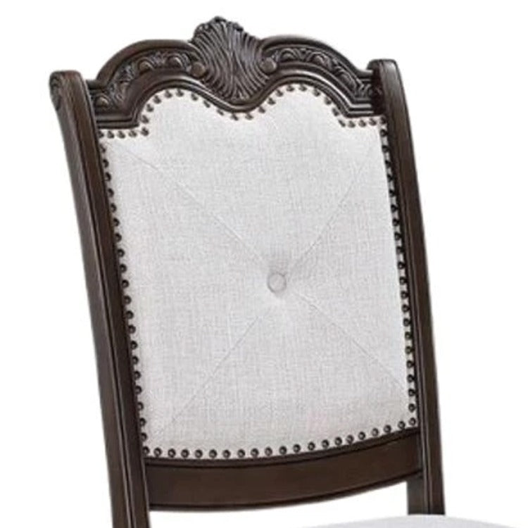 Cary Side Dining Chair Set Of 2, Beige Linen, Scrolled Coffee Brown Wood