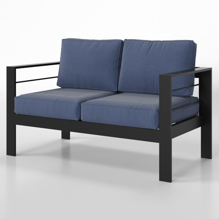 Outdoor Loveseat, All Weather Metal Aluminum Outdoor Patio Furniture Sofa With 5" Thick And Soft Cushion Blue