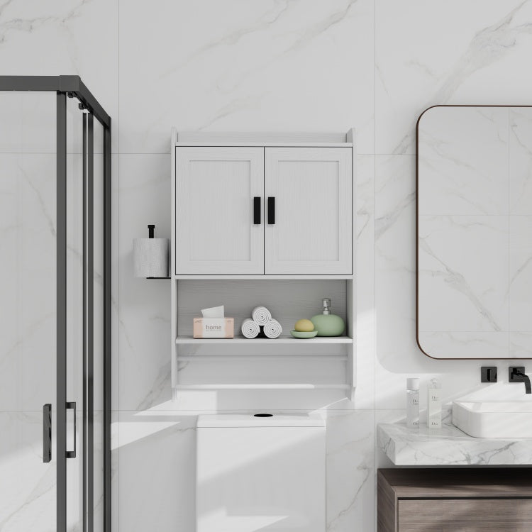 Bathroom Wall Cabinet With Doors,Adjustable Shelf,Towel Bar And Paper Holder, Over The Toilet Storage Cabinet, Medicine Cabinet For Bathroom White