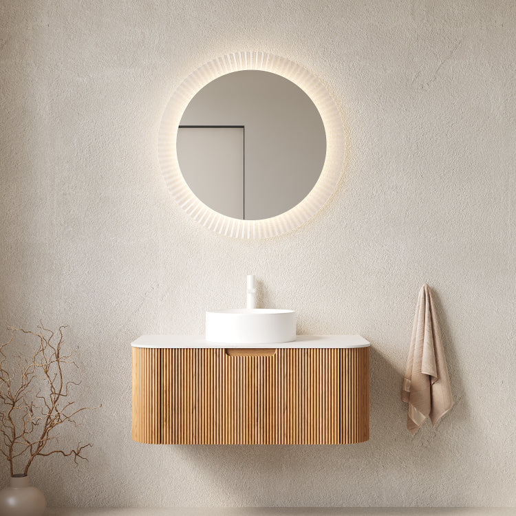 Dina 36" Bathroom Vanity&Sink, Floating Curved Edges Striped Bathroom Storage Cabinet With Drawer, White Round Ceramic Basin&Carrara White Artificial Marble Top, Pre Assembled, Natural Woodgrain
