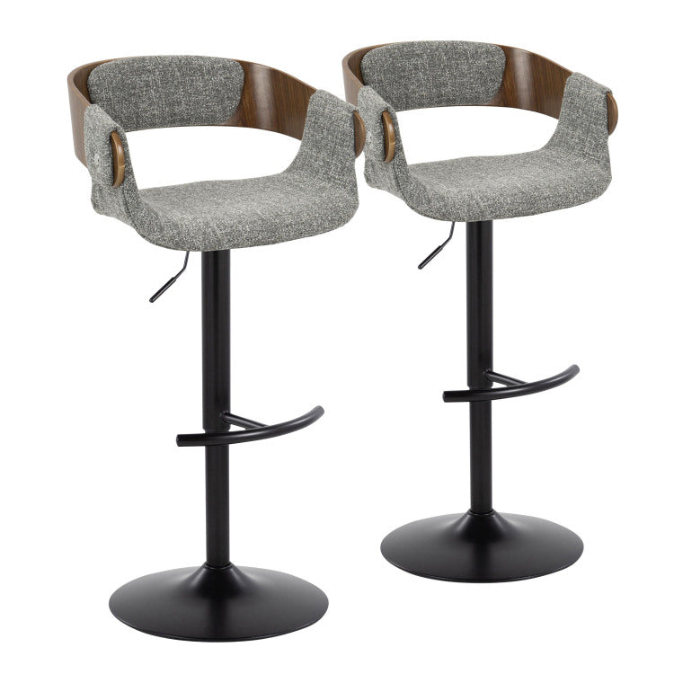 Elisa Mid Century Modern Adjustable Barstool With Swivel In Black Metal, Walnut Wood And Grey Fabric With Rounded T Footrest By Set Of 2