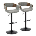 Elisa Mid Century Modern Adjustable Barstool With Swivel In Black Metal, Walnut Wood And Grey Fabric With Rounded T Footrest By Set Of 2