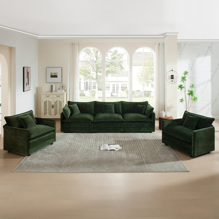 Sofa Set Of 3, 1 1 3 Seats Living Room Sofa Set, Accent Chair, Loveseat, And Three Seat Sofa Modern Style Round Arms 3 Piece Sofa Set, Green Chenille