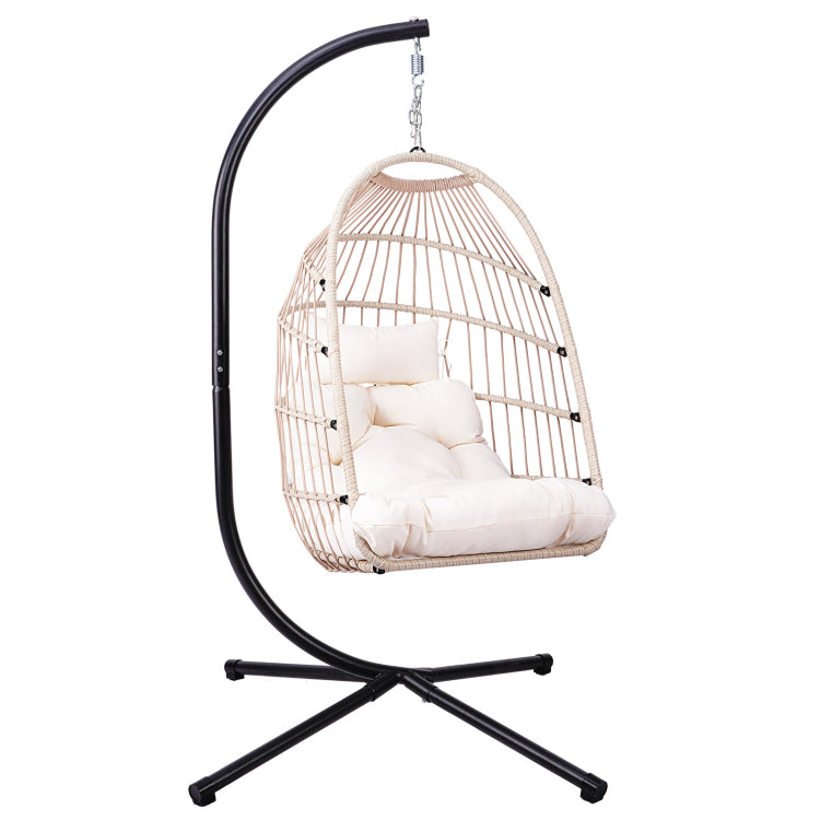 Foldable Hanging Egg Chair With Stand And Pillow, Hdpe Rattan And Heavy Duty Aluminum Steel Frame, Outdoor Patio Wicker Swing Egg Chair With Headrest And Cushioned, Beige