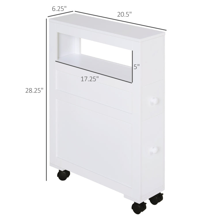 Homcom 6.25" X 20.5" X 28.25" Wood Rolling Narrow Bathroom Side Storage Cabinet White