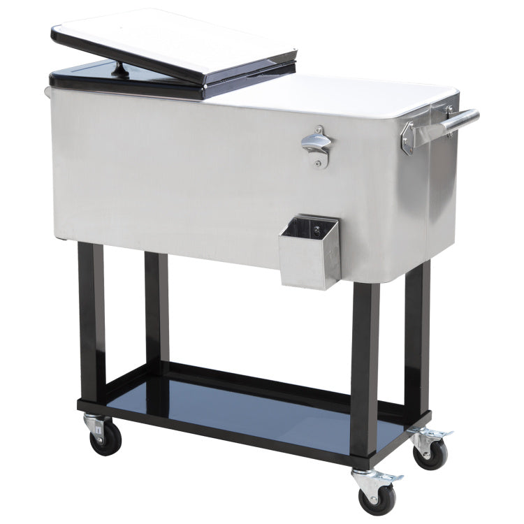 Outsunny 80 Qt Rolling Cooling Bins Ice Chest On Wheels Outdoor Stand Up Drink Cooler Cart For Party, Silver