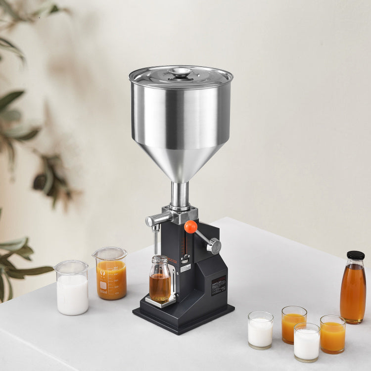 Manual Paste Liquid Filling Machine, 5 100Ml Bottle Filler, Adjustable Bottle Filling Machine, Stainless Steel Liquid Filler With Hopper For Milk Water Juice Essential Oil Shampoo Cosmetic Honey