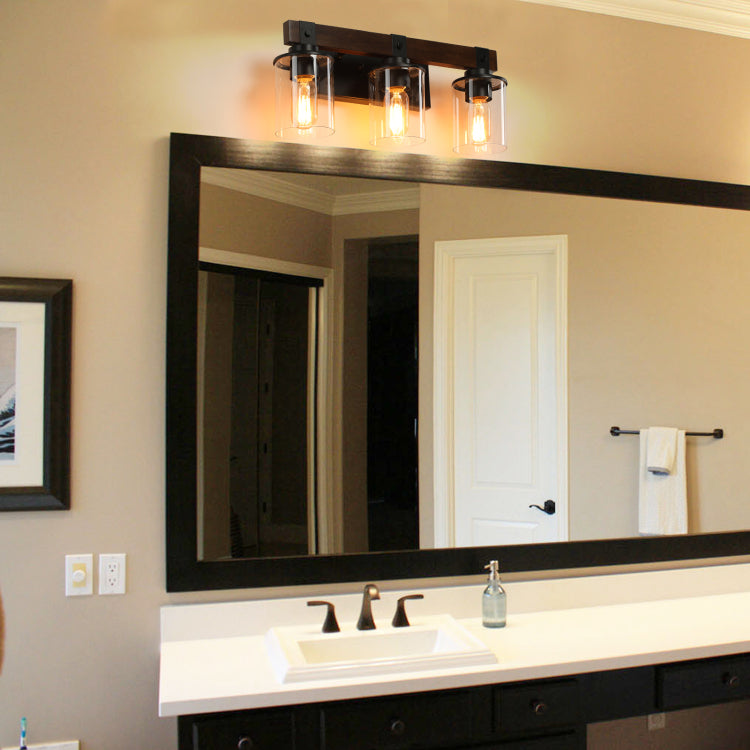 19" Rustic 3 Light Vanity Light, Industrial Bathroom Wall Sconce With Glass Shades And Wood Accent, Modern Farmhouse Lighting Fixture No Bulbs