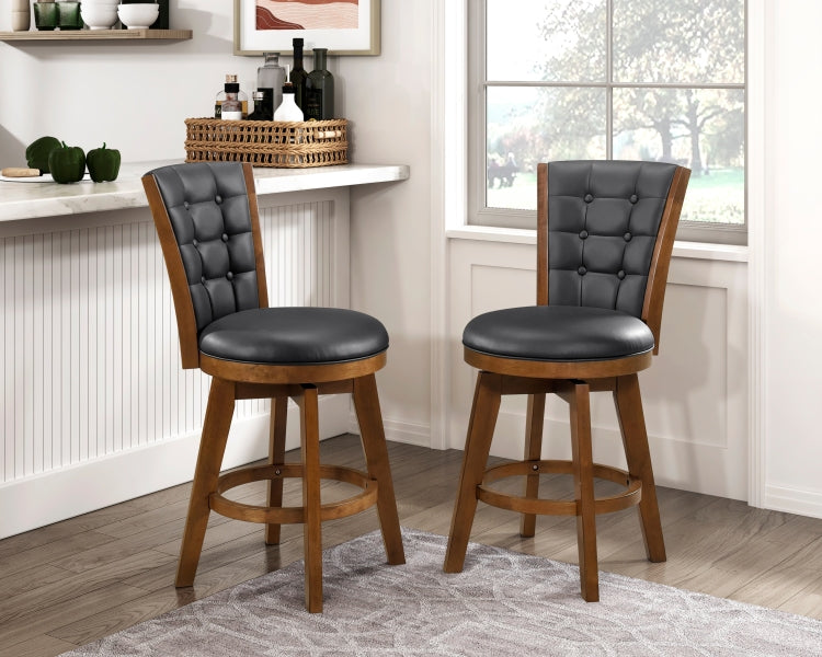 Swivel Counter Height Chairs Set Of 2, Button Tufted Upholstered Seat And Back Chestnut Finish Solid Wood Dining Furniture