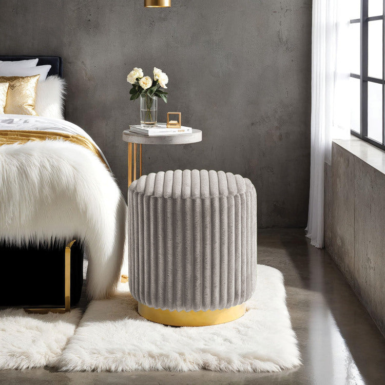 Gray Finish Contemporary Style 1Pc Round Accent Stool Gold Base Stainless Steel Fur Fabric Primary Living Room