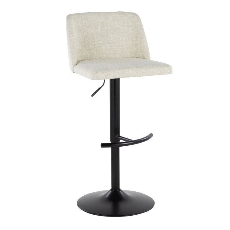 Contemporary Adjustable Barstool With Swivel In Cream Fabric And Black Metal With Rounded T Footrest Set Of 2
