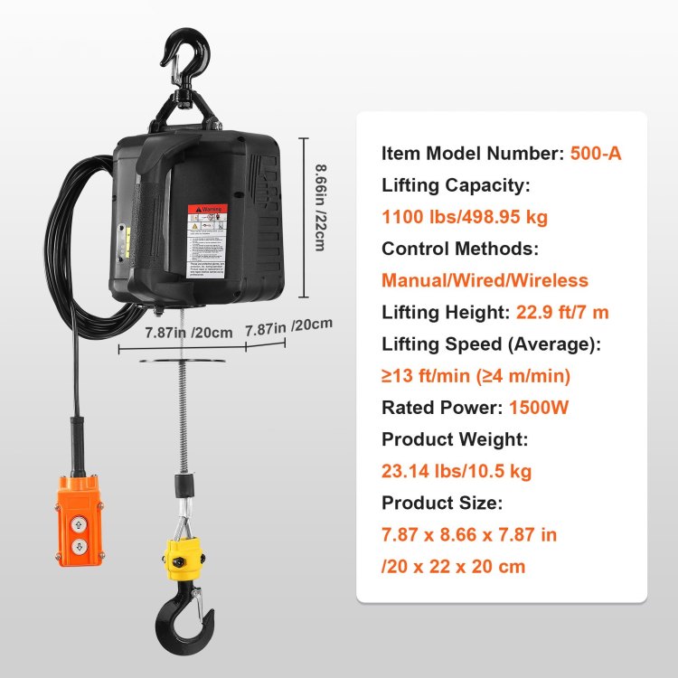 3 In 1 Electric Hoist Winch, 1100Lbs 1500W Portable Power Winch Crane, 110V 120V 22.9 Ft Lifting Height, 13 Ft Min With Manual, Wired And Wireless Remote Control, Overload Protection