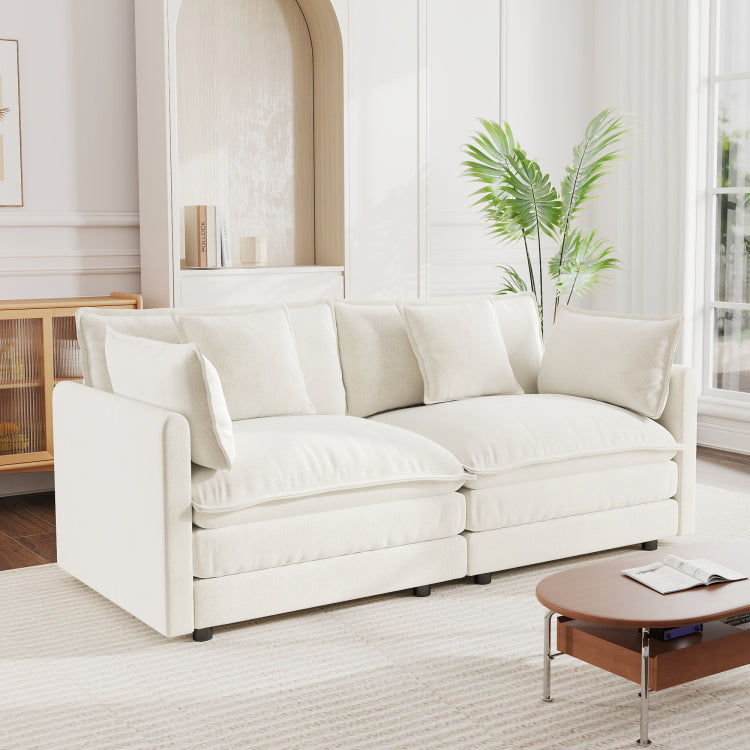 Modern Fabric Loveseat Sofa Couch For Living Room, Upholstered Large Size Deep Seat 2 Seat Sofa With 4 Pillows ,White Chenille