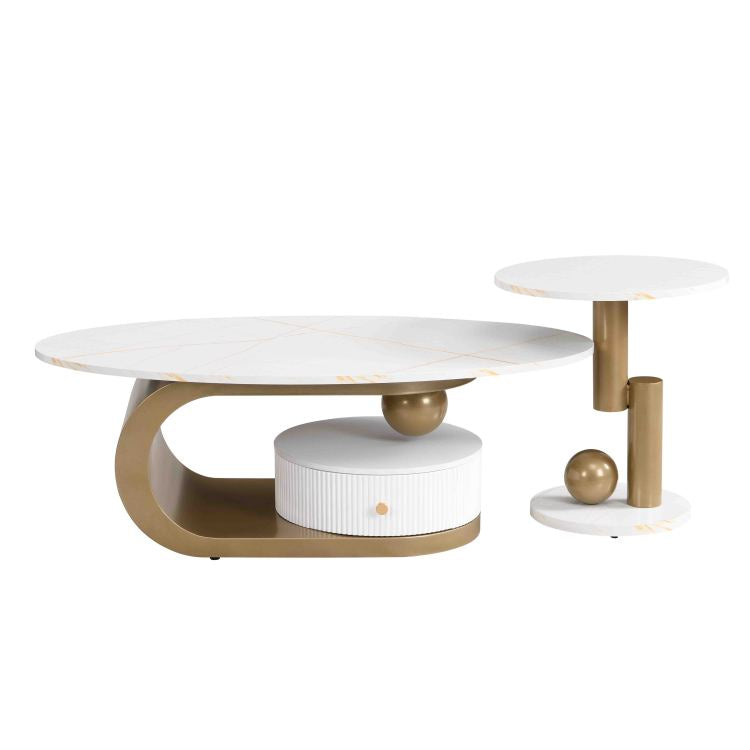 Modern Nesting Golden Coffee Table Set Of 2 End Table For Living Room, Oval And Round Table Set