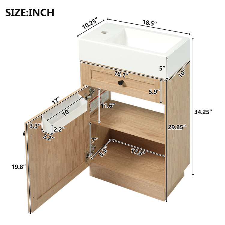 18.5" Bathroom Vanity With Reversible Resin Sink, Mdf Cabinet With Adjustable Shelf And Elegant Zinc Alloy Handles, Wood Grain Melamine Finish, Reversible Door, Rustic Style For Small Spaces