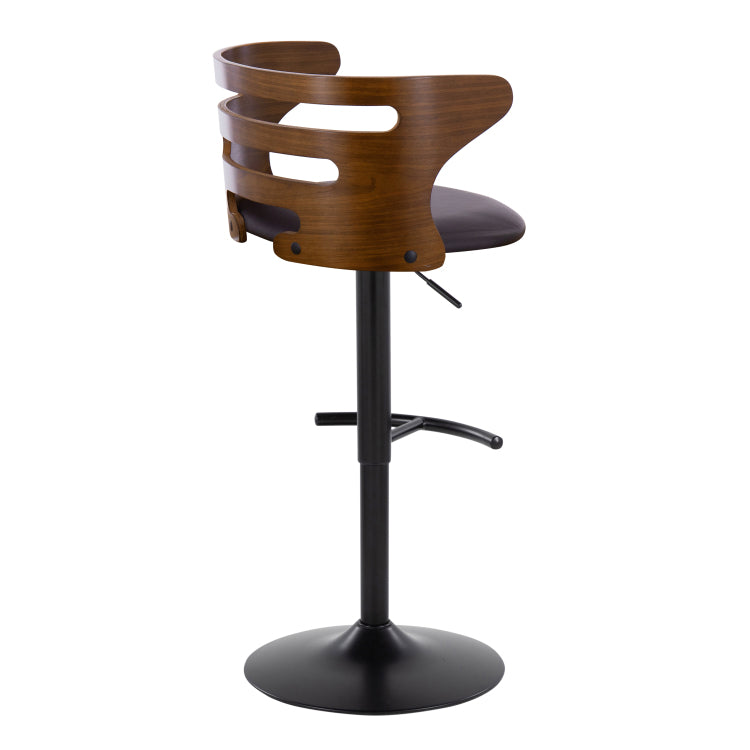 Mid Century Modern Adjustable Barstool With Swivel In Black Metal, Walnut Wood And Brown Faux Leather With Rounded T Footrest Set Of 2
