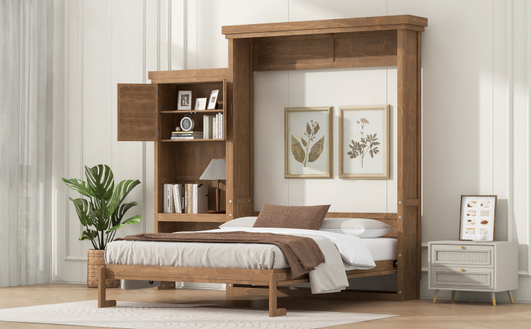 Queen Size Murphy Bed With Multiple Storage Shelves And Louvered Style Decoration, Wood Color