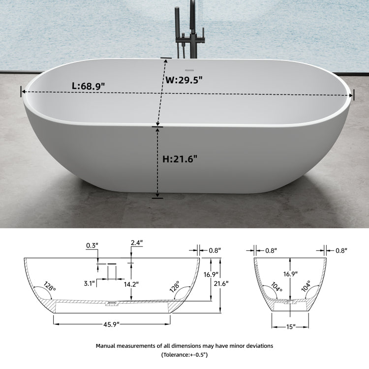 69 Inch Solid Surface Soaking Bathtub Deep Soak Freestanding Tub