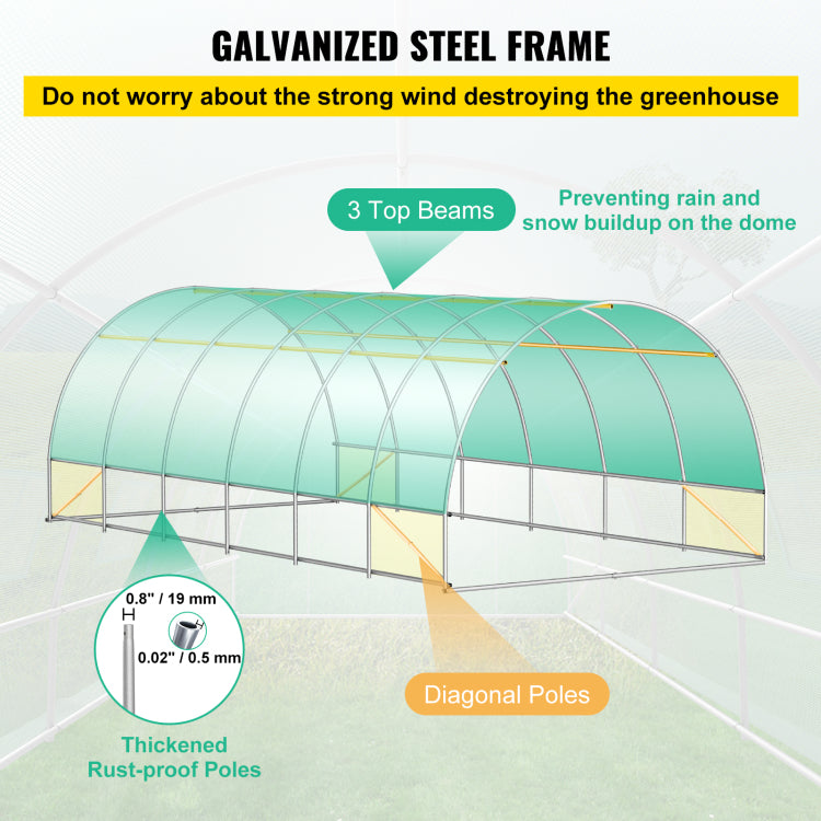 Walk In Tunnel Greenhouse, 20 X 10 X 7 Ft Portable Plant Hot House W Galvanized Steel Hoops, 3 Top Beams, Diagonal Poles, 2 Zippered Doors & 12 Roll Up Windows, Green