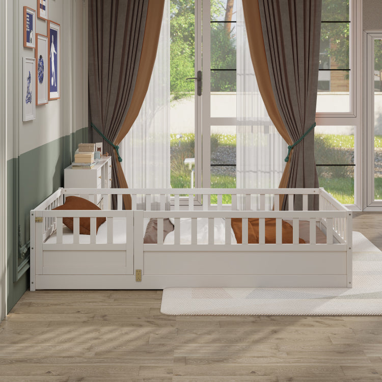 Twin Size Floor Bed, Integral Construction With Super High Security Barrier, Door, Children'S Floor Bed Frame, Montessori Wooden Children'S Floor Bed, White Patented Model