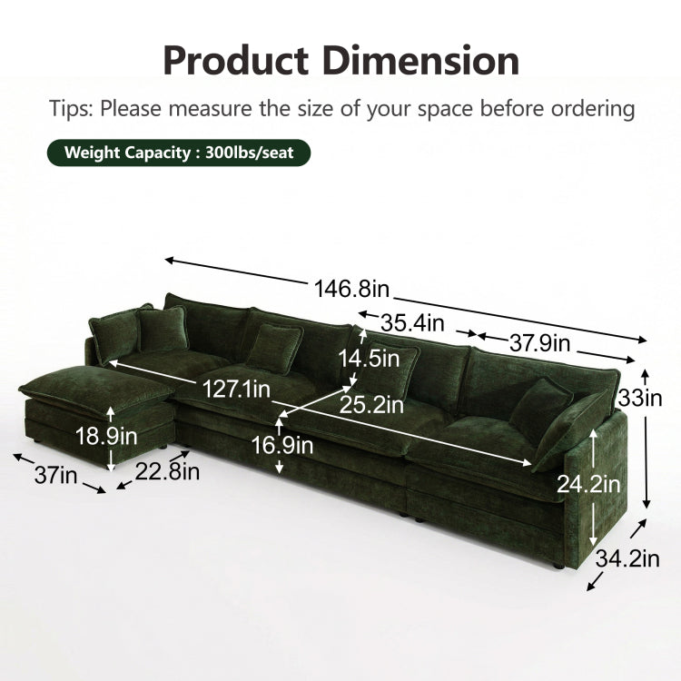 Modular Sectional Sofa For Living Room,U Shaped Couch 4 Seater Convertible Sectional Couch With 1 Ottoman ,Green Chenille