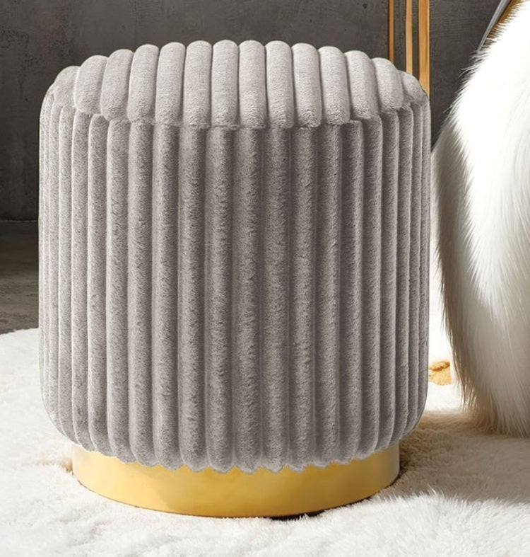 Gray Finish Contemporary Style 1Pc Round Accent Stool Gold Base Stainless Steel Fur Fabric Primary Living Room