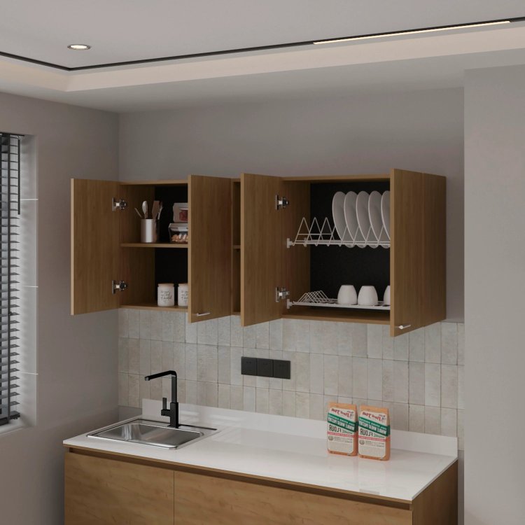 Natural Oak Wall Cabinet Kitchen In Melamine With 4 Door And Open Storage
