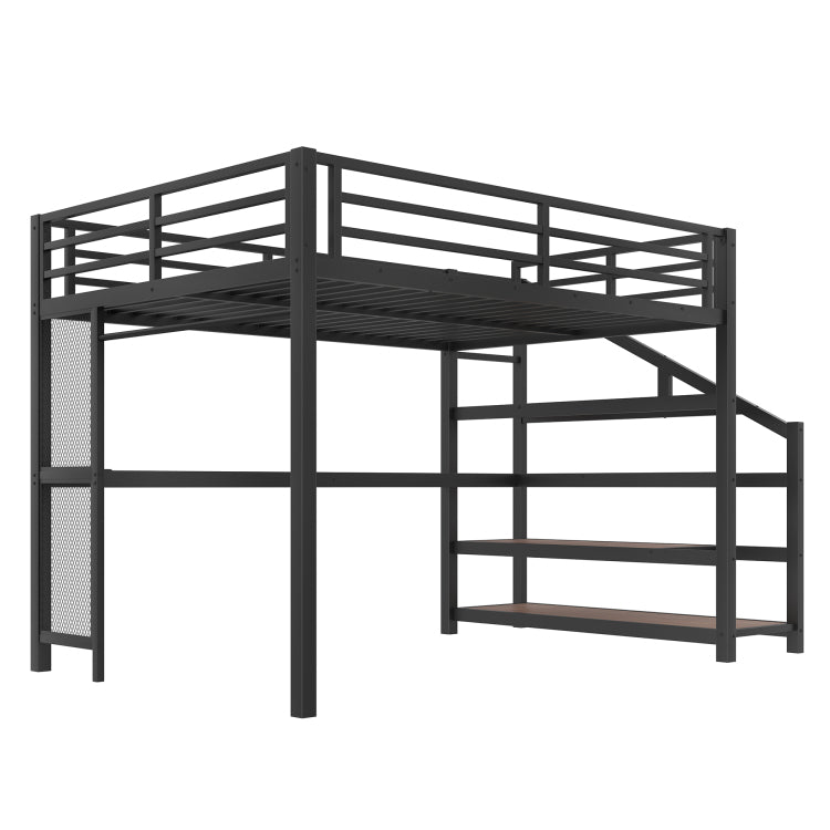 Queen Loft Bed With Desk And Storage Stairs, Metal Loft Beds With Led Lights, Usb Ports, Multifunctional Iron Nets, No Spring Box Needed And Noise Free, Black