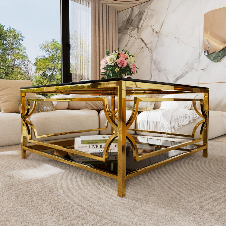 Square Glass Coffee Table In 33.5",Luxurious Geometric Metal Frame,Gold Finish & Lower Shelf