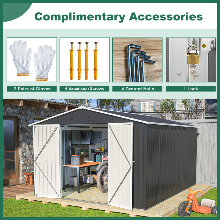Outdoor Storage Shed 10X12 Ft, Utility Metal Tool Storage With Lockable Doors And Updated Frame Structure, Large Metal Garden Shed For Backyard, Patio Lawn, Black