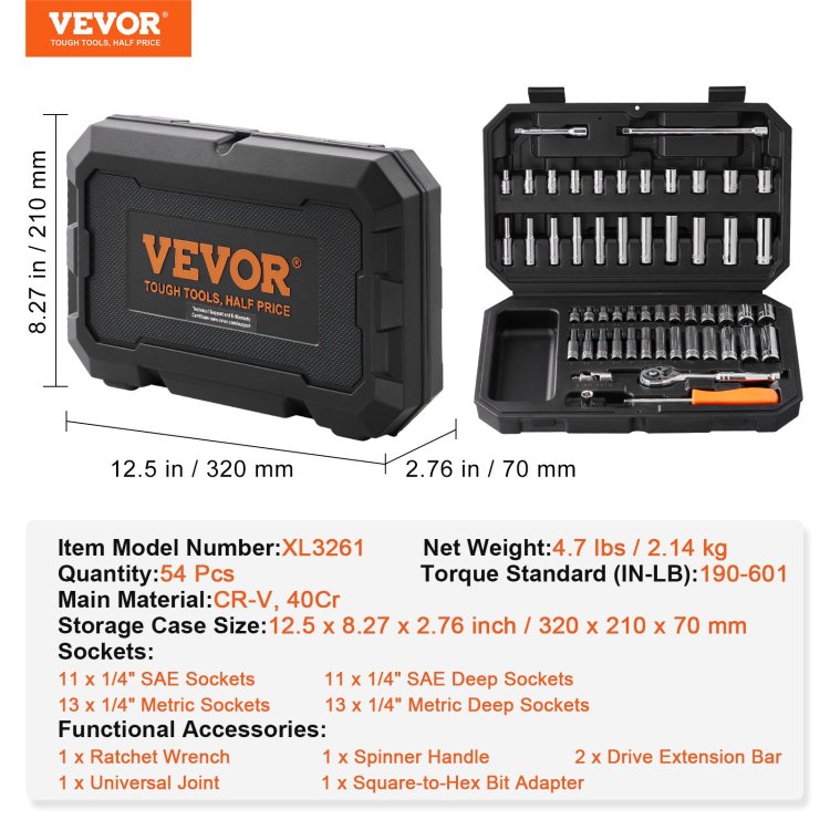 Socket Set, 1 4 Inch Drive Socket And Ratchet Set, 6 Point Socket Opening, 54 Pieces Tool Set Sae And Metric, Deep And Standard Sockets, 5 32 9 16 In, 4 14 Mm, With Accessories, Storage Case