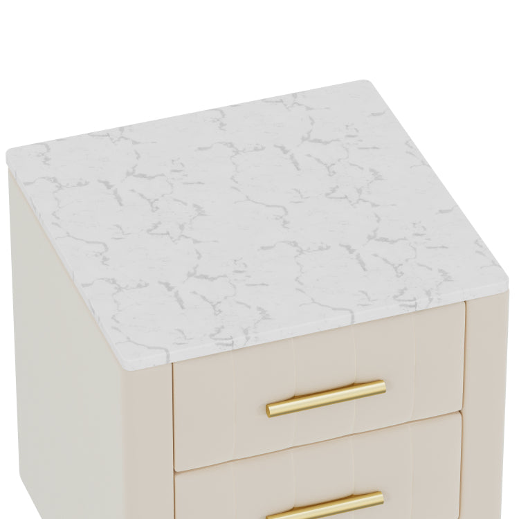 Upholstered Wooden Nightstand With 3 Drawers And Metal Legs&Handles, Bedside Table With Marbling Stickers Worktop Beige