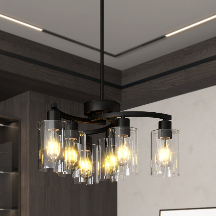 6 Light Modern Farmhouse Black Chandelier, Contemporary Dining Room Light Fixture, Adjustable Height Hanging Industrial Pendant Lights Kitchen Island, Clear Glass Shade