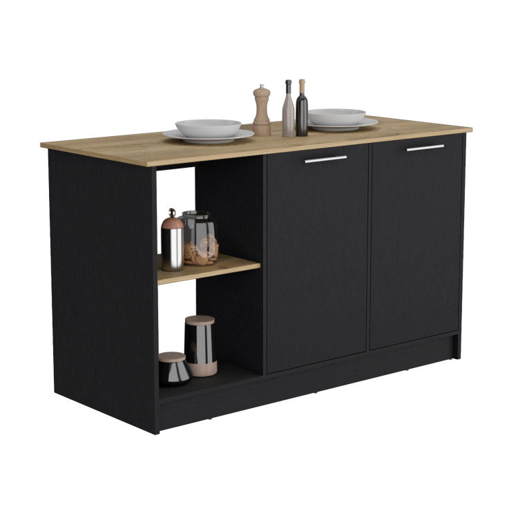 Kitchen Island With Large Countertop, Open Storage Shelves And Double Door Cabinet, Black Macadamia