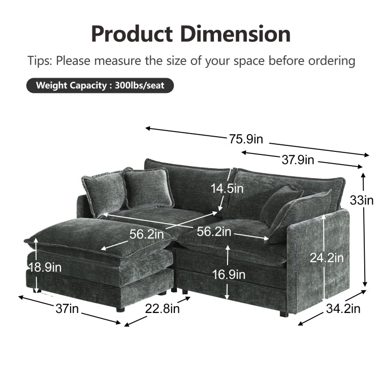 Chenille Two Seater Sofa With 1 Footrest, 2 Seater L Shaped Sectional With Ottoman,Loveseat With Ottoman For Small Living Space, Gray Chenille