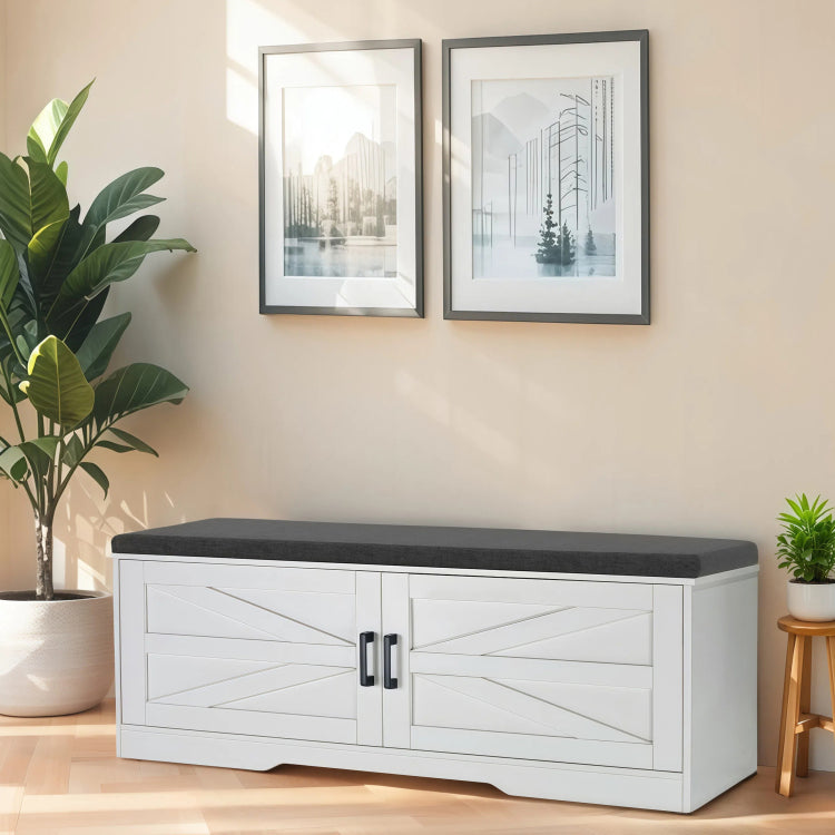 2 Tier Storage Bench, Farmhouse Shoe Bench With Padded Seat Cushion, Entryway Bench With 2 Barn Doors & 2 Adjustable Shelves, 13.75" D X 39.4" W X 17.72" H, For Entryway, Bedroom, Living Room, White