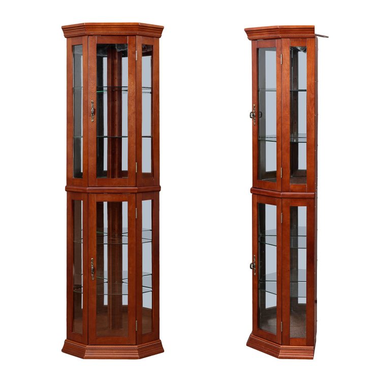 Corner Curio Cabinet With Lights, Adjustable Tempered Glass Shelves, Mirrored Back, Display Cabinet,Light Walnut E26 Light Bulb Not Included