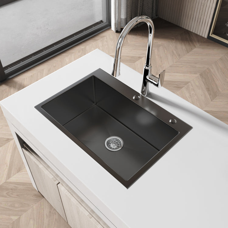 Stainless Steel Kitchen Sink, 27 X19 Single Bowl, Overmount Handmade Sink In Black, With Us Standard Drain And Hook, Ls Ssbl01